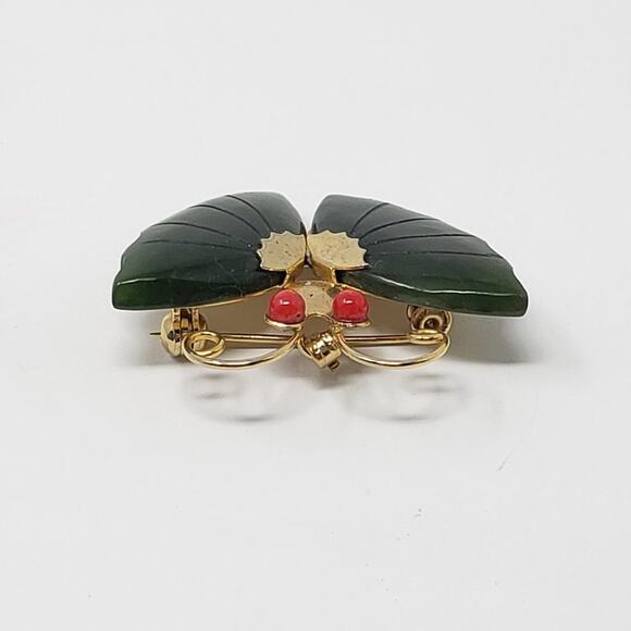 Gold-tone & Faux Jade Green Stone Red Eye Butterfly Brooch - Picture 3 of 8
